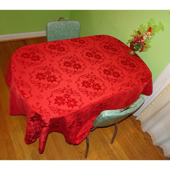 Vintage Christmas Red Poinsettia & Brocade Tablecloth mcm retro holiday decor